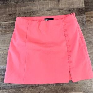 Zara Neon Coral Mini Skirt Small Button Detail High Waisted
